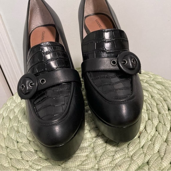 New Gianni Bini Black Leather Croc Chunky Platform Heel 90’s Loafers Size 10 - Picture 5 of 8